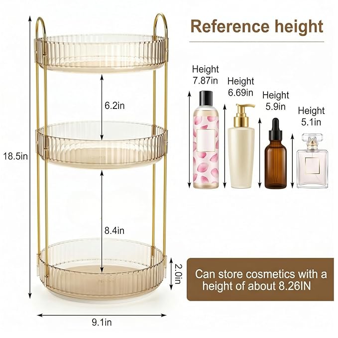 Cididu 360 Rotating Makeup Organizer, 3 Tiers Plastic Bathroom Spinning Holder Rack, Round Lazy Susan Organizer, Large Capacity Countertop Shelf for Cosmetics, Perfume, Skincare, Spice, Toiletries