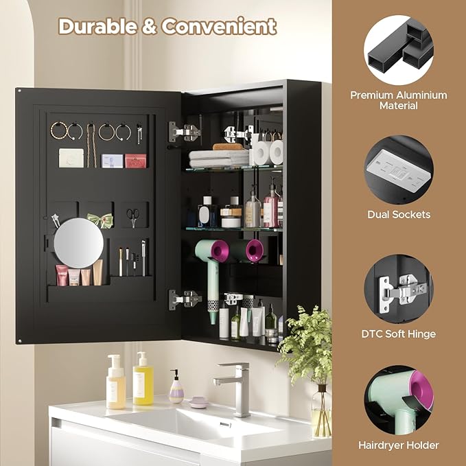 Bathroom Medicine Cabinet with Mirror, 20×30 Inch Black Mirror Cabinet with Cosmetics Storage Rack, 2 Outlets, 3X Magnifier Makeup Mirror, Adjustable Shelves, Surface Mount