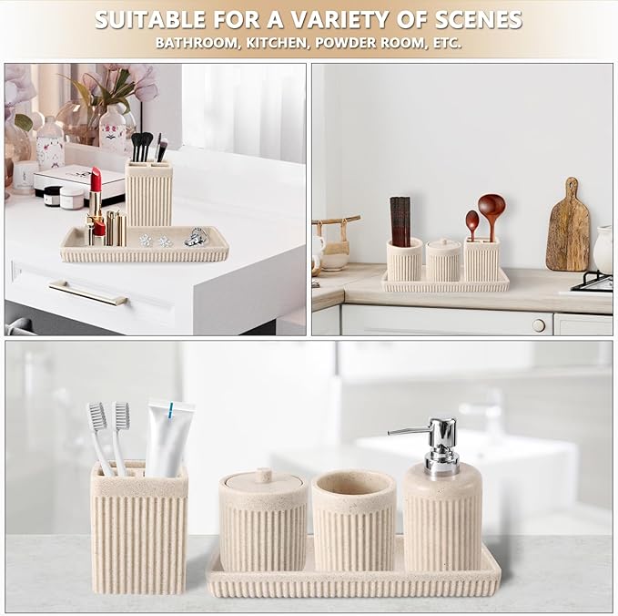 XLHOMO Resin Beige Bathroom Accessories Set 5 Pcs, Lotion Soap Dispenser, Toothbrush Holder, Bathroom Tumbler, Qtip Holder and Vanity Tray, Bathroom Countertop Organizer Set for Modern Home Apartment