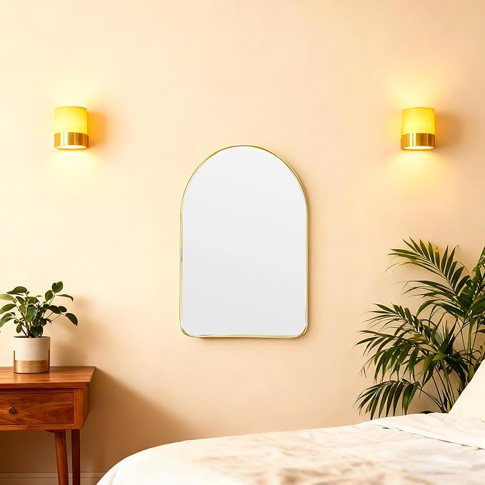 Funly mee Arched Wall Mirror, Wall-Mounted Plastic Mirror, for Bathroom and Vanity (Gold, 11.8 x 15.8)