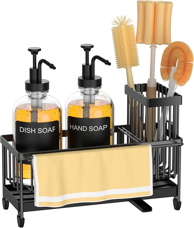 Kitchen Soap Dispenser Set with Sponge Holder and Towel Rack, 17OZ Glass Bottle, Hand and Dish Soap Dispenser Set, Non-Slip Silicone Pad, Brush Holder, Kitchen Sink Caddy Organizer Countertop