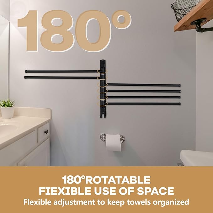 Teenyyou Swivel Towel Rack 16.5 Inches 304 Stainless Steel 6 Arms Bathroom Towel Rack Hanger Space Saving Pool Holder Wall Mounted Swivel Bar with Hook, Matte Black