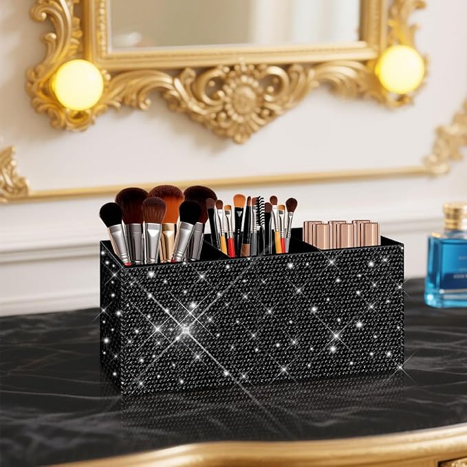 Bling Makeup Brush Holder Organizer, 3 Slot Sparkle Cosmetics Brushes Storage Holders with Shiny Rhinestones, Glitter Cute Pen and Pencil Holder for Desk, Eyeliners Display Case for Vanity???Black???