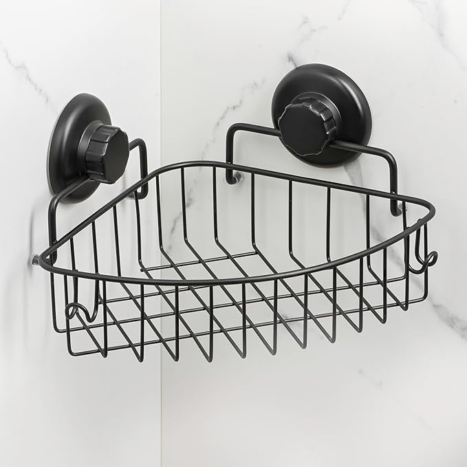 HASKO accessories Corner Shower Caddy with Suction Cup Shower Shelf with Hooks, Stainless Steel Bathroom Caddy, Wall Mounted Shower Basket for Bathroom, Adhesive 3M Stick Discs Included (Black)