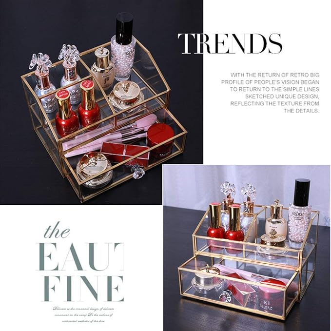 YUEHUA Clear Makeup Organizer, Glass Jewelry Display Box, Gold Makeup Nail Polish Lipsticks Eyeliners Holder Organizer for Vanity Bathroom Office