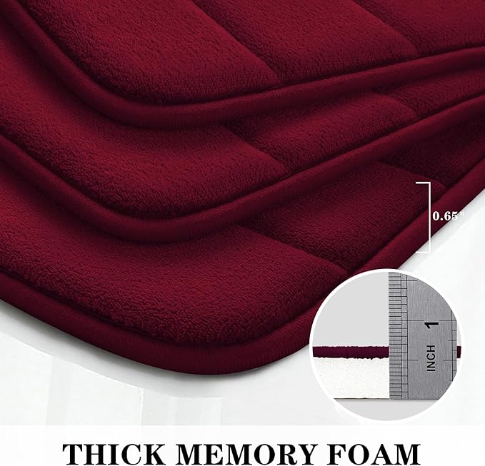 BYSURE Burgundy Memory Foam Bathroom Rug Set 3 Piece, Non Slip Extra Soft Absorbent Machine Washable Toilet Bath Toilet Mat (17"x24"+20"x32"+U Shape 20"x24")