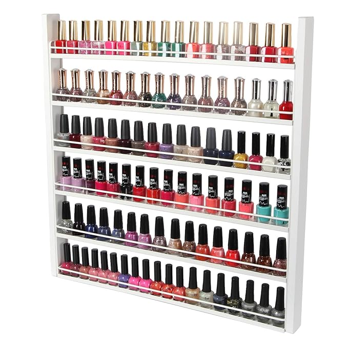 J JACKCUBE DESIGN White Wood Nail Polish Organizer with 6 Tier Shelves 100 Bottles Wall Mount Display Rack Makeup Essential Oil Bottles Holder Storage for Nail Salon Bedroom Dress Room - MK528C