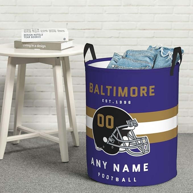 Custom Baltimore Laundry Hamper - Personalized Football Style Laundry Basket - Customized Name And Number - Dirty Clothes Hamper Waterproof Large Capacity Hamper for Bedroom Bathroom Living Room