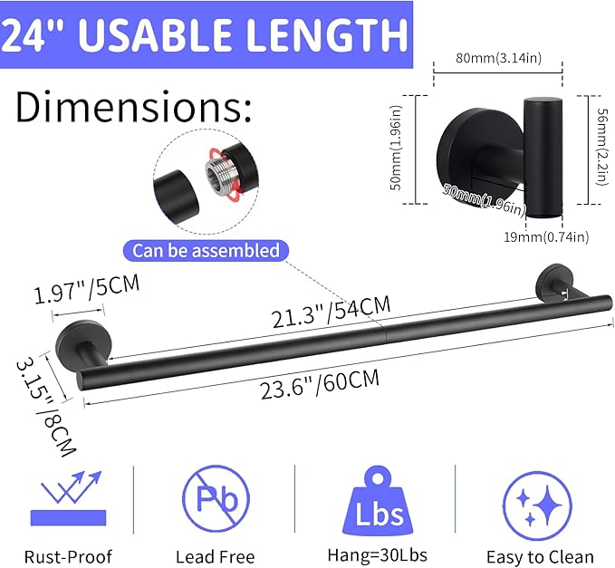24 Inch Towel Bar, Towel Racks for Bathroom, SUS304 Stainless Steel Towel Bar for Bathroom Wall, Sturdy Towel Holder Bathroom Accessories (Black)