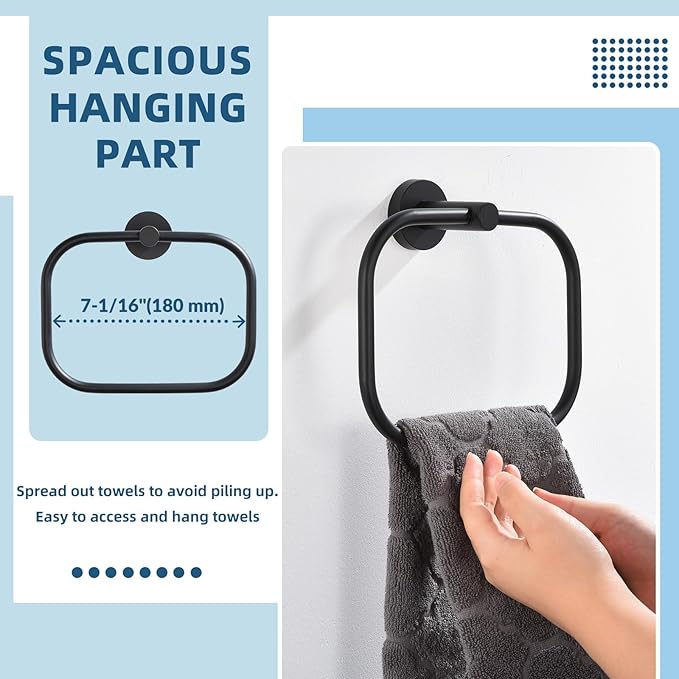 APLusee Matte Black Hand Towel Ring, Stainless Steel Towel Storage Holder, Wall Mount