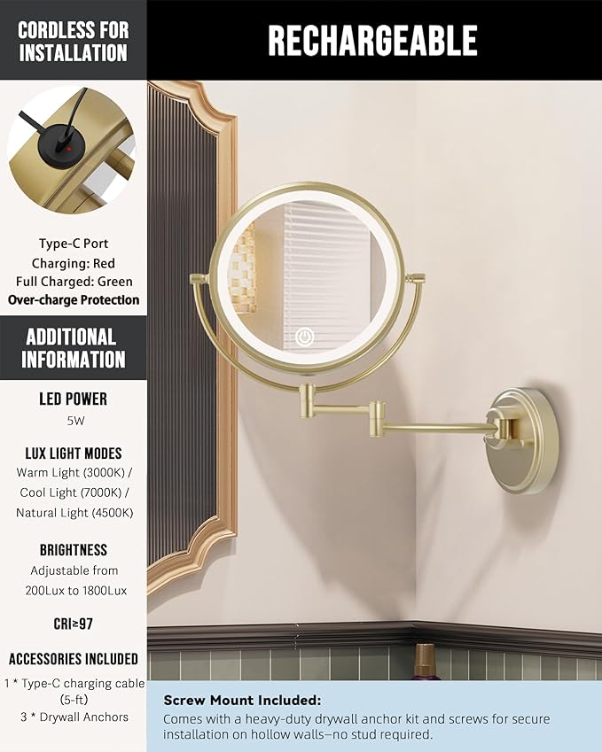 10" Wall Mount Magnifying Mirror with Light Gold, Rechargeable 1X/5X Double-Sided 3 Color Touch Dimmable Extended Swing Arm 360 Rotation Vanity Mirror for Bathroom, Satin Brushed Gold