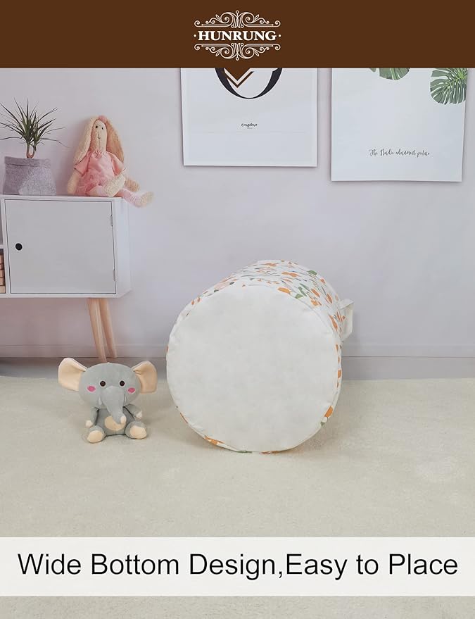 HUNRUNG Laundry Hamper,Large Canvas Fabric Lightweight Storage Basket Toy Organizer Dirty Clothes Collapsible Waterproof for College Dorms???Round-Orange Flower???