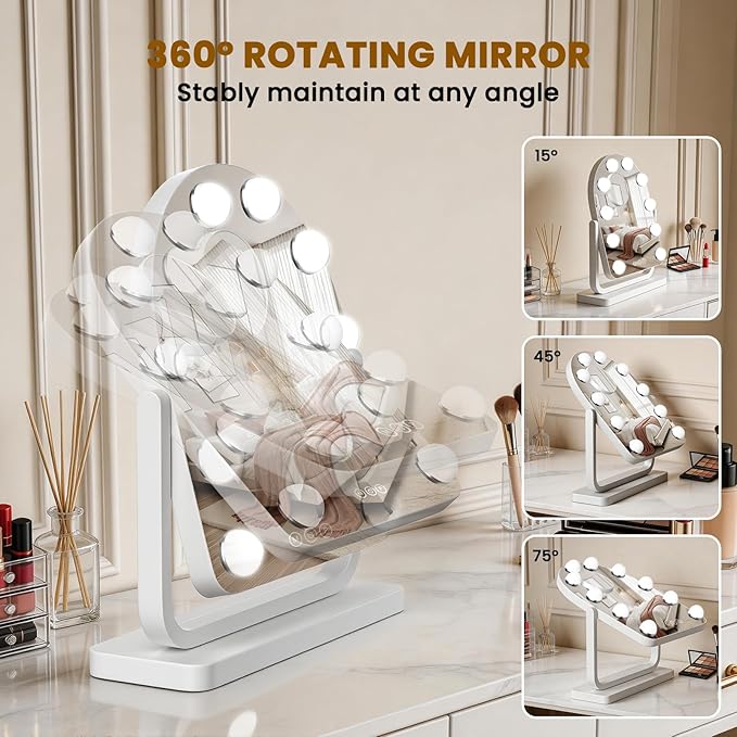 Rechargeable Arched Vanity Mirror with Lights, 14"×12" Hollywood Makeup Mirror with 10 Bulbs, 3000mAH Battery, 3-Color Lighting, Dimmable, 10x Magnification, Desk Mirror, Dorm Room Essentials (White)