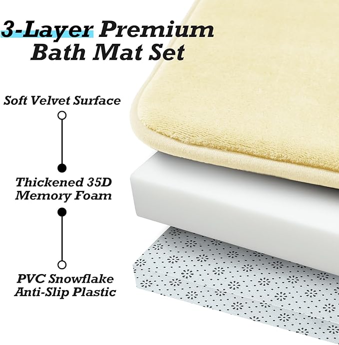HUXMEYSON Bathroom Rugs Sets 2 Piece, Non-Slip & Quick Dry Bath Mat Set, Ultra Soft Velvet Bath Rugs for Bathroom, Toilet and Shower Floor, Cream Yellow