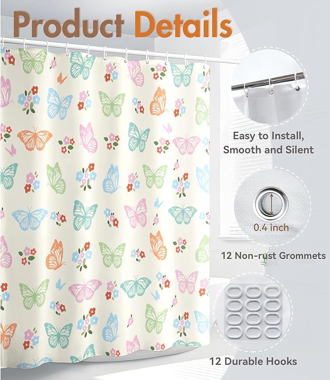 MAMUSE Shower Curtain for Bathroom - Cute Aesthetic Decorative Modern Girly Unique Girls Design Pretty Women Waterproof Fabric Cloth Cortinas de Baño Bathtub 72 x 72 Inch, Fresh Butterfly
