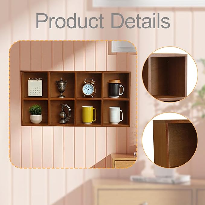 Wooden Display Shelf for Wall Display Case 8 Grids Wall Mounted Home Decoration Shelf for Bathroom Indoor