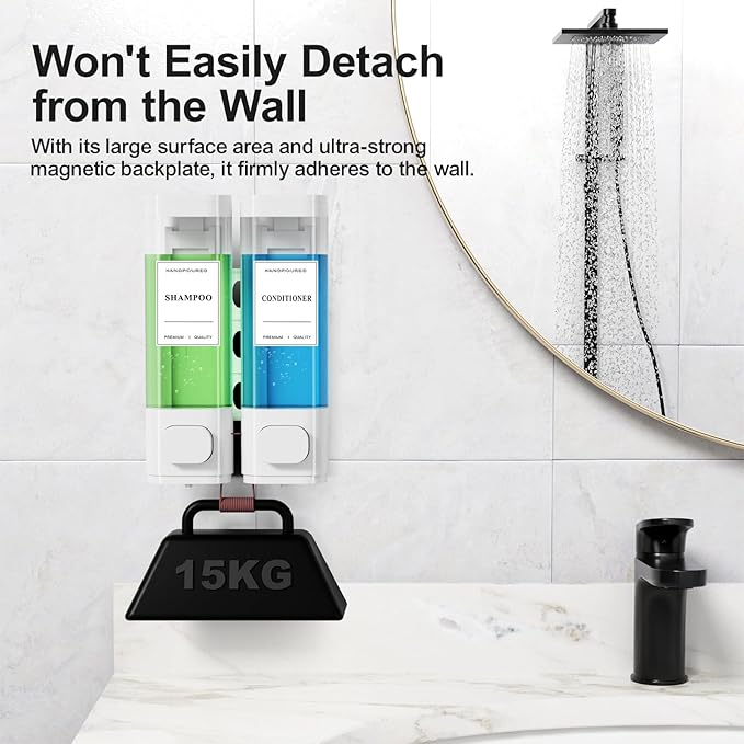 Shampoo and Conditioner Dispenser – Wall-Mounted Shower Soap Dispenser, No-Drill Installation, Lockable, 900 ml Capacity,for Bathroom & Hotel or Airbnb (White, 2-Pack)