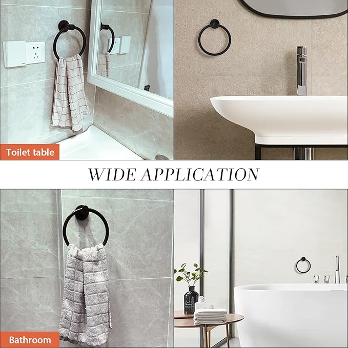 Black Towel Ring???Hand Towel Holder for Bathroom Wall Mounted???Bathroom Towel Holder,Bathroom Towel-Racks,Bathroom Hardware Simple Round Towel Hanger Stainless Steel (Black - 2 Pack)