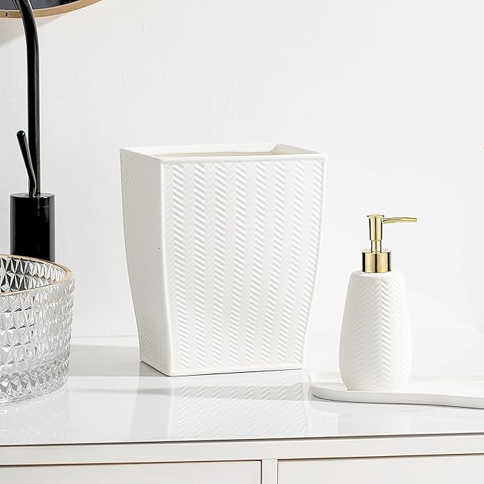 Whiet and Gold Bathroom Accessories Set, 3pcs Ceramic Farmhouse Decor, Complete countertop Bathroom Decor with soap Dispenser，Toothbrush Holder and soap Dish for Stylish Bathroom Organization