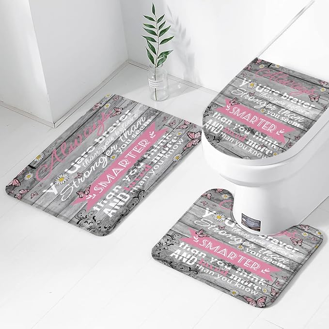 AAtter 4 Piece Pink Shower Curtain Set Kids Girl Girly Cute Women Toddler Grey 60Wx72L Inch Decor with Non-Slip Rugs, Toilet Lid Cover and Bath Mat Bathroom Accessories Home Bathtub Set, Inspirational