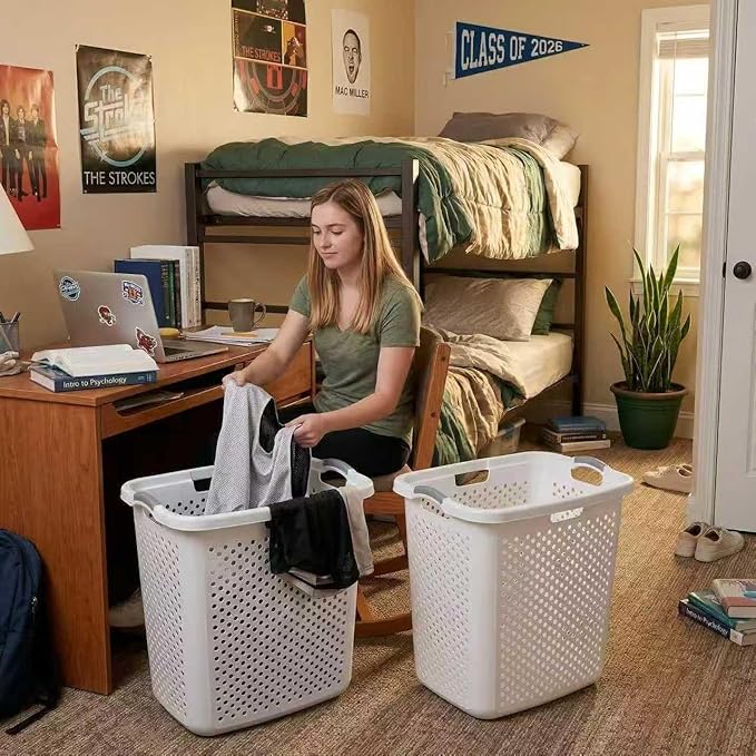 2 Pack 2.5 Bushels Plastic Laundry Baskets, Equipped with Reinforced Comfortable Handles, With Breathable Design, Suitable for Sorting Clothes, Suitable for Use in Households, Dormitories, Apartments.