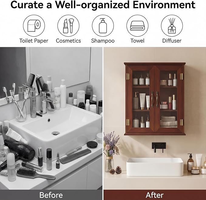 ChooChoo Bathroom Wall Cabinet, Medicine Cabinet with Acrylic Doors, Wall Mounted Over The Toilet Storage Cabinet with Adjustable Shelves for Bathroom, Kitchen, and Laundry Room, Walnut