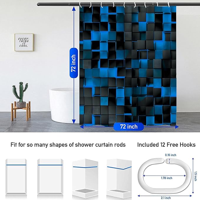 3D Cubes Shower Curtain，Blue Black Shower Curtains for Bathroom，Modern Bathroom Shower Curtain，Washable Fabric Bath Curtain 72''x72''