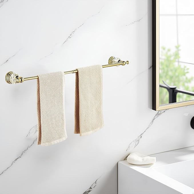 Gold Bathroom Accessories,Crystal Towel Bar Set Adjustable,Polished Brass Toilet Paper Holder Towel Ring Robe Hooks Bathroom Hardware 4 Pieces Wall Mounted