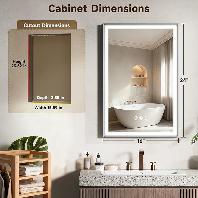 16X24 Inches Framed Medicine Cabinet with Lights, Bathroom Medicine Cabinet with 3-Color/Dimmable, Anti-Fog, Plug-in & Hardwired, Surface Mount & Recessed