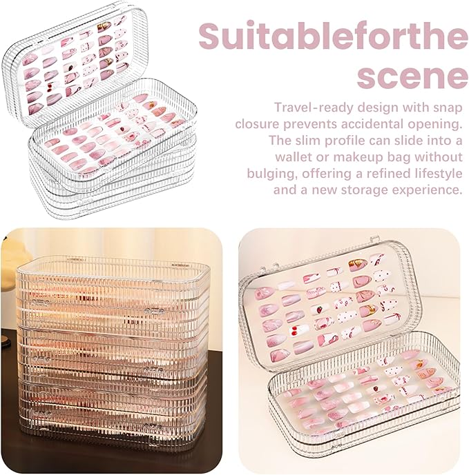 Large Tri-Fold Press On Nail Organizer Case - 4-Page Portable Storage Box for Fake Nails, Clear PET Plastic Travel Holder (6??3.2??1.8 inch) Texture