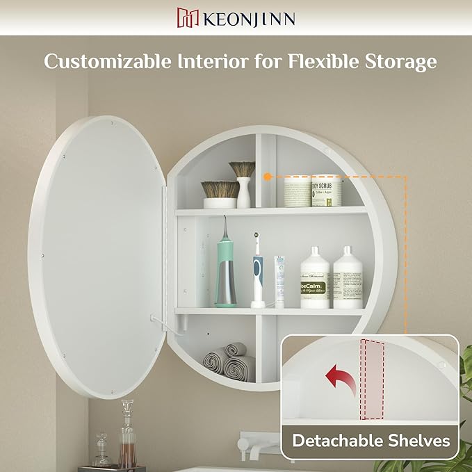 Keonjinn 30 Inch Round Lighted Medicine Cabinet, White LED Medicine Cabinet Mirror, Circle, Electrical Outlet, 3 Color Lights, Anti-Fog, Dimmable, Surface Mount Only