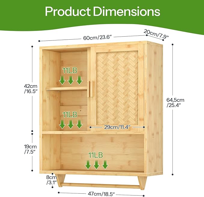 HOOBRO Bathroom Cabinet Wall Mounted, Bamboo Over Toilet Cabinet, Medicine Cabinet with Towels Bar & Adjustable Shelves, 23.6 x 7.9 x 28.5 Inches, for Bathroom, Laundry, Kitchen, Natural YL63CW01