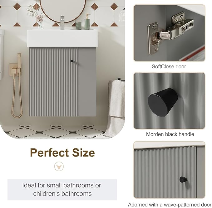 Virubi 21.6 in Floating Bathroom Vanity with Sink,Soft Closing Doors,Solid Wood Frame & MDF Modern Single Small Bathroom Vanity Cabinet with Open Shelf,Wall Mounted (Grey,Right Shelves)