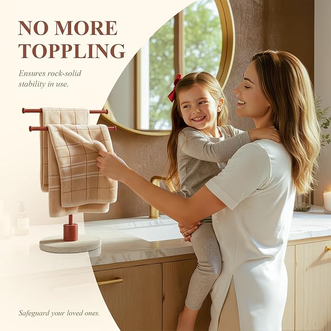 Towel Holder Stand with Natural Travertine Base Stainless Steel Hand Towel Holder Rack for Bathroom Countertop Unique Free Standing Towel Bar Holds 2 Towels for Kitchen Countertop (Reddish-Brown)