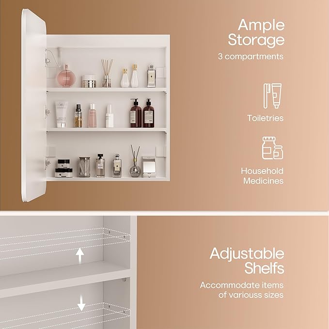 32x24 inch LED Lighted Bathroom Medicine Mirror Cabinet with Sockets & USBs, Anti-Fog Dimmable Light and Color Adjustment, Adjustable Shelves, Flat-Pack Design – Assembly Required