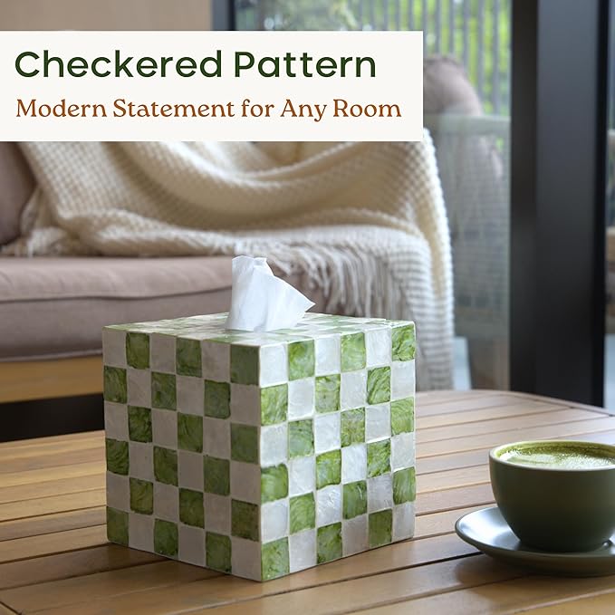 CHI AN HOME 5.7" Square Tissue Box Cover, Handmade Checkered Cube Tissue Box Cover with Capiz Shells, Decorative Tissue Holder for Living Room, Bathroom, Bedroom or Office (Pistachio Green)