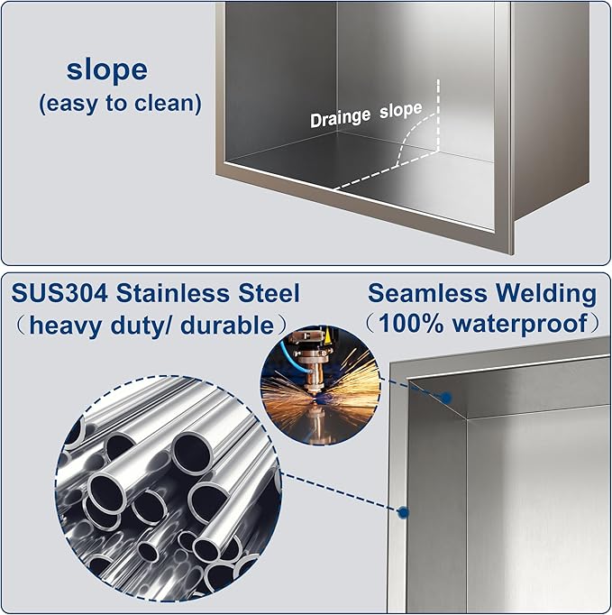 Neodrain 30X12Inch Recessed Brushed Shower Niche, Stainless Steel Bathroom Wall Niche NO Tile Needed Shower Cabinet Cubby for Bathroom Storage Built-in Wall