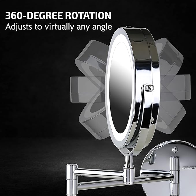 OVENTE Wall Mounted Lighted Makeup Mirror, 7" Double Sided 1X/7X Magnifying Vanity Mirror for Bathroom with LED Lights, Cordless, 360° Rotation and 13" Extendable Arm, Polished Chrome MFW70CH1X7X