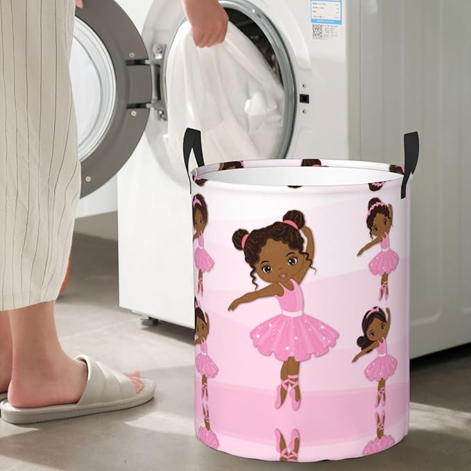 Cute African American Black Girl Round Laundry Hamper Storage Basket Toy Clothes Organizer Bin For Home Bathroom Bedroom Dorm Nursery, 62l
