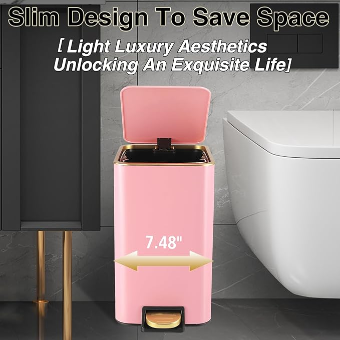 XLHOMO Pink Bathroom Accessories Set 8 Piece Pink and Gold Bathroom Set, Bathroom Sets with Stainless Steel Trash Can,Toilet Brush,Toothbrush Set,Soap Dispenser