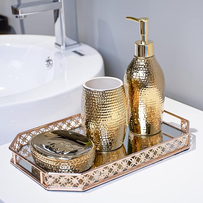 Gold Bathroom Accessory Set - 3 Piece Decorative Ceramic Bathroom Accessories Sets with Lotion Soap Dispenser, Toothbrush Holder/Tumbler and Soap Dish, Golden Gift Set for New Home Decor