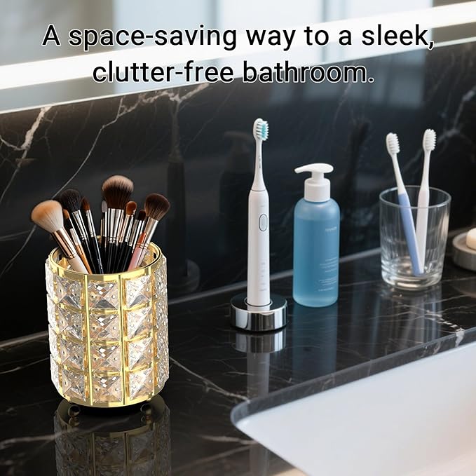 LUGUNU Makeup Brush Holder with Golden Silver Crystal Bling ?€? Elegant Vanity Organizer for Brushes, Pens & Pencils, Ideal for Bathroom or Office Countertop(2Pack)