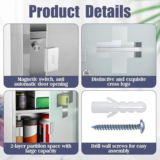 Timgle First Aid Wall Cabinet with Lock Medicine Wall Mounted Bathroom Storage Hanging Medical Cabinet with Safety Glass Door for Bathroom(4 Shelves,Silver)