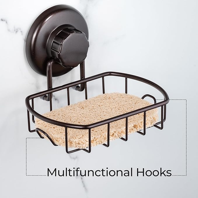 HASKO Suction Cup Soap Dish for Shower Wall, Rustproof Stainless Steel, Shower Soap Holder with Hooks, Includes Optional No Drill Adhesive Mount for Bathroom and Soap Saver, Bronze