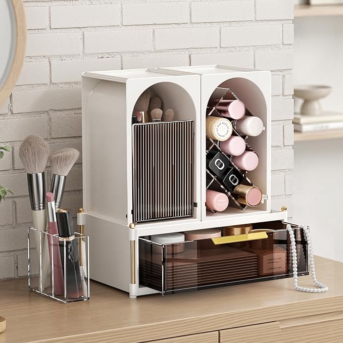 INVSSENE Stackable Makeup Organizer Countertop, Storage Perfume Skincare Cosmetic Lipstick Face Mask Makeup Brush Palettes, Ideal for Vanity Bathroom Counter