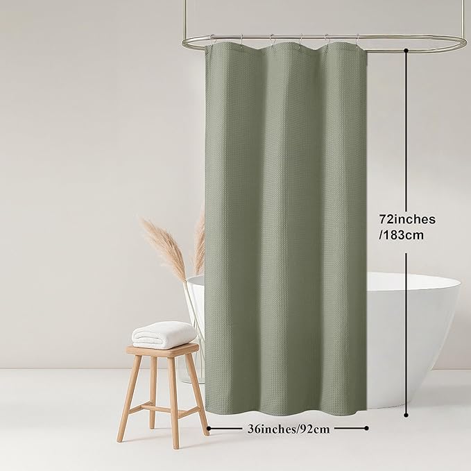 OWENIE Sage Green Shower Curtain, Stall Small Waffle Weave Heavy Fabric Shower Curtains for Narrow Size Bathroom, Waterproof Soft Hotel Spa Luxury Bath Curtain Set, Machine Washable, 36x72 Inch