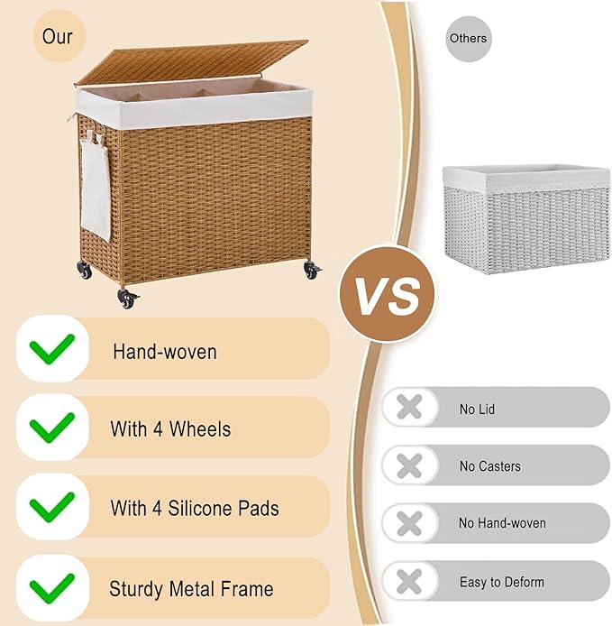 Handwoven Hamper with Lid, Laundry Basket with Wheels, Machine Washable Liner, 3 Section Clothes Hamper for Bathroom Laundry Room Bedroom, Rattan, 165L