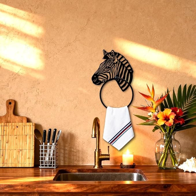 MAYJOYDIY Zebra Head Metal Towel Ring Round Grassland Zebra Hand Towel Holder Animals Ring Hanger Wall Mount Black Vintage Towels Wall Organizer for Kitchen Bath Home Laundry Room Decors Gifts