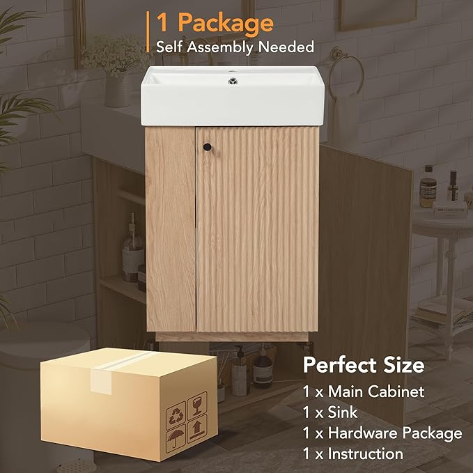Virubi 21.6" Small Fluted Bathroom Vanity with Sink,Soft Closing Doors and Storage Shelves,Natural Wood Single Bathroom Sink Cabinet Combo Freestanding, Natural Wood