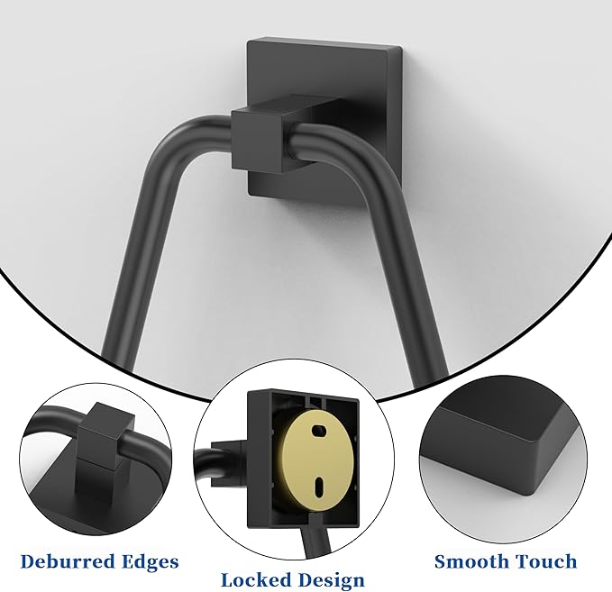 RUACQ Towel Ring, Square Base Hand Towel Ring, Stainless Steel Hand Towel Holder for Bathroom Wall, Sturdy and Rust-Resistant (Matte Black)